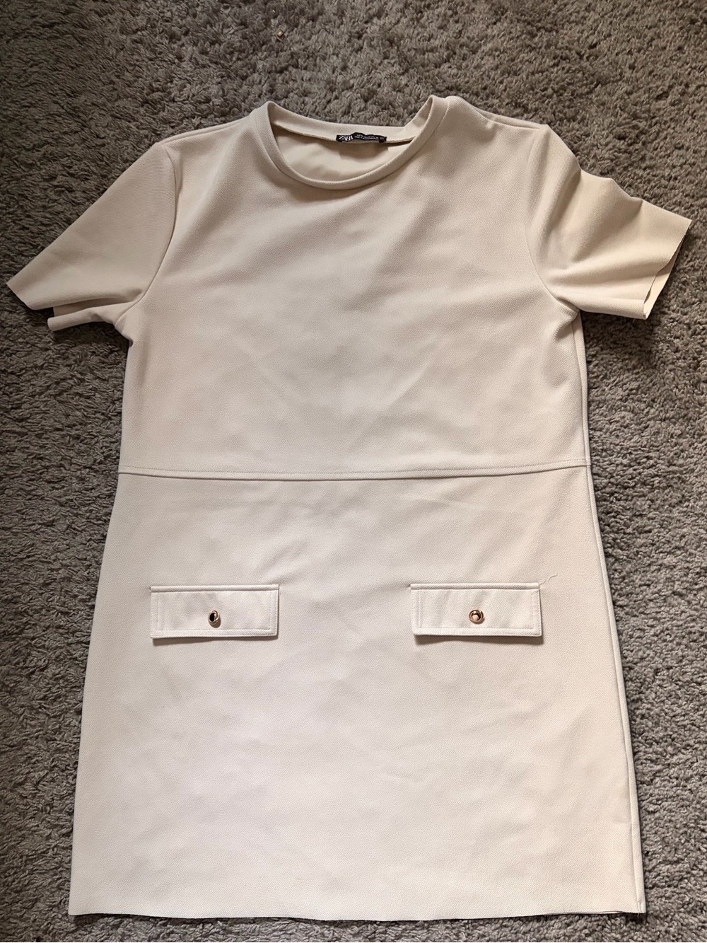 Zara Minimalist Cream Shift Dress with Pocket Flaps